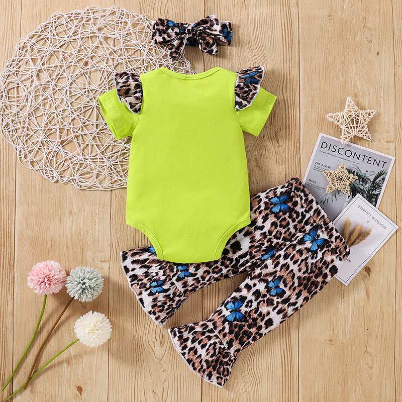 Baby Girl Letter Print Bodysuit And Leopard-Print Flared Pants With Headband Two Piece Baby Sets - PrettyKid