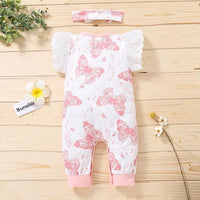 Baby Girl Butterfly Pattern Jumpsuit & Headband Children's Clothing - PrettyKid