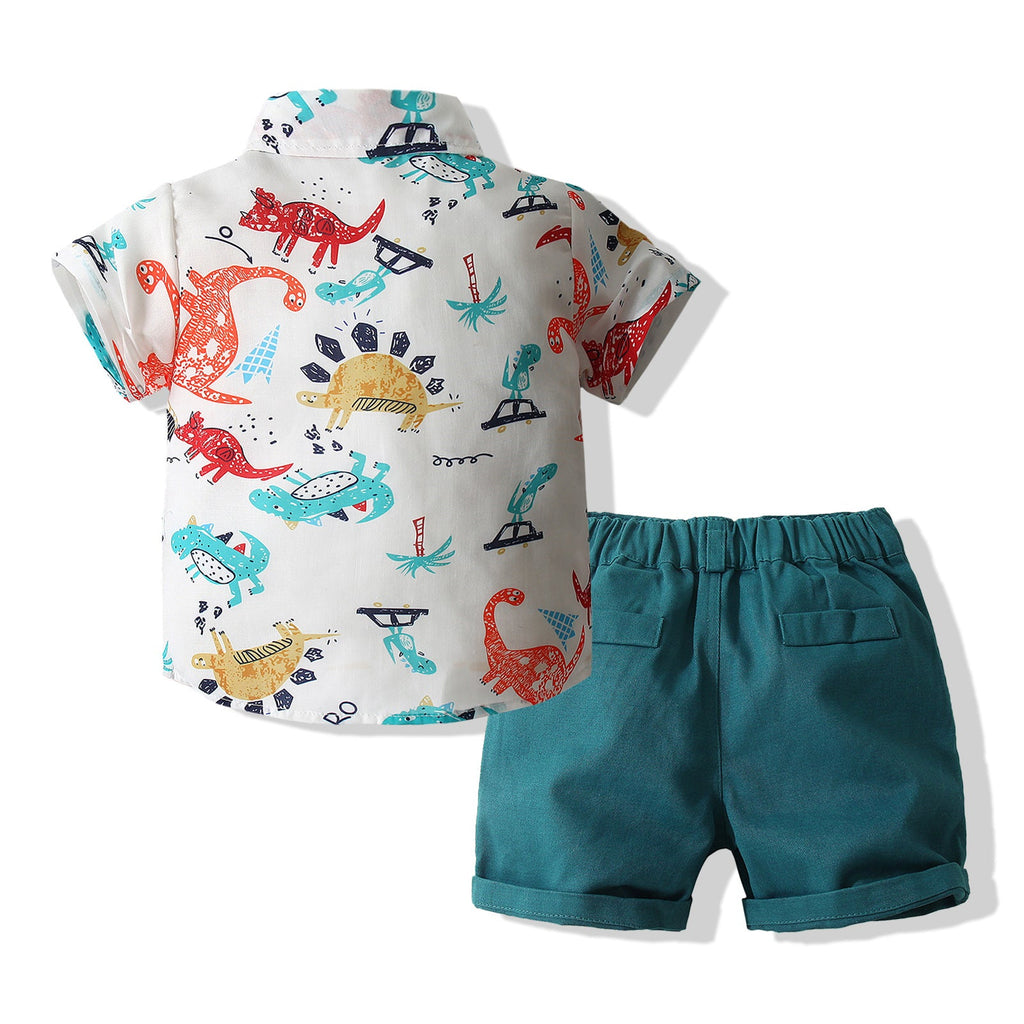 18M-6Y Cartoon Dinosaur Pattern Casual Short Sleeve Shirt Bow Tie Pants Toddler Boys Suit Sets Wholesale Boys Clothing