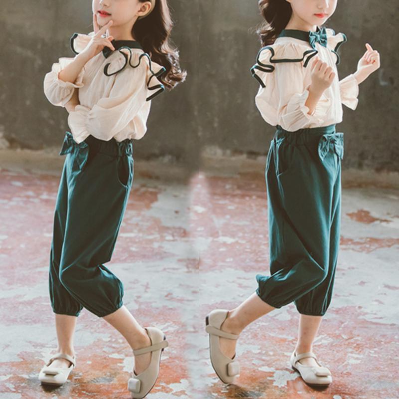 Trendy Ruffled Top with Bowknot and Pants Set - PrettyKid