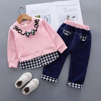 2pcs Fashion Color-block Plaid Love Print Pullover and Pants Children's Clothing - PrettyKid