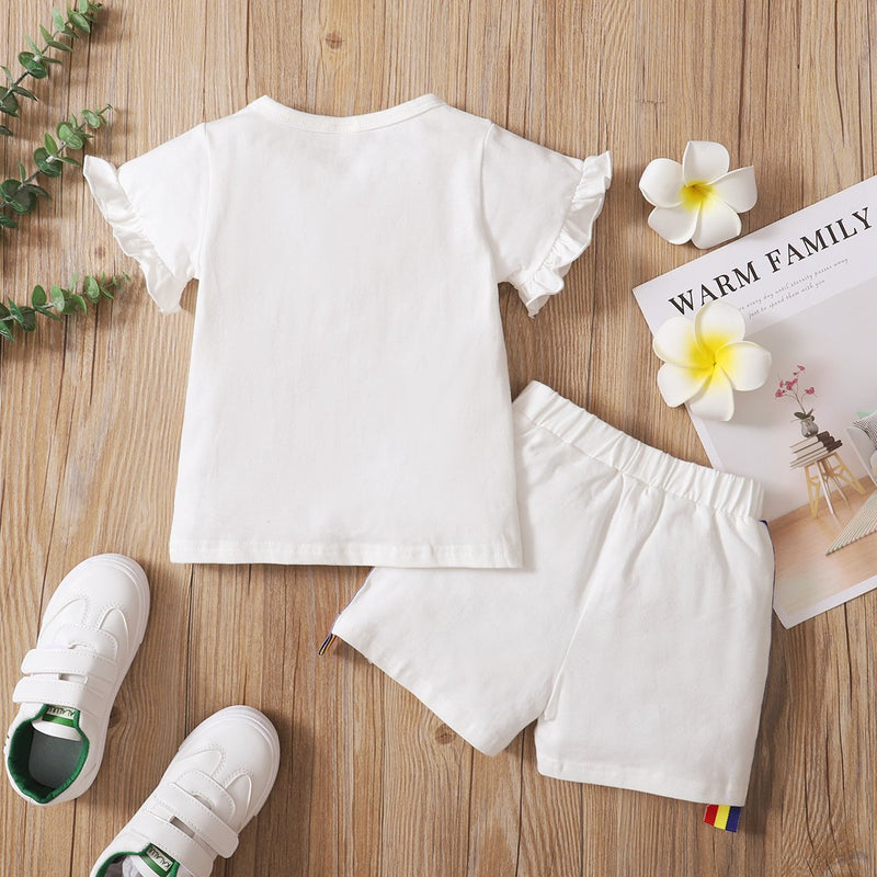 Toddler Girl Letter Pattern Ruffle Armhole T-shirt & Shorts - PrettyKid