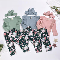 3-piece Solid Ruffle Bodysuit & Floral Printed Pants & Headband for Baby Girl Wholesale children's clothing - PrettyKid