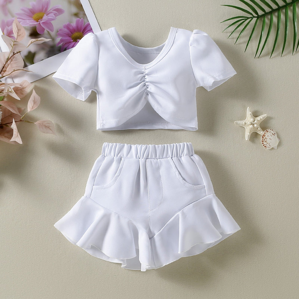 9M-5Y Toddler Girls Outfits Sets White Tops & Ruffle Hem Flared Shorts Wholesale Little Girl Clothing - PrettyKid