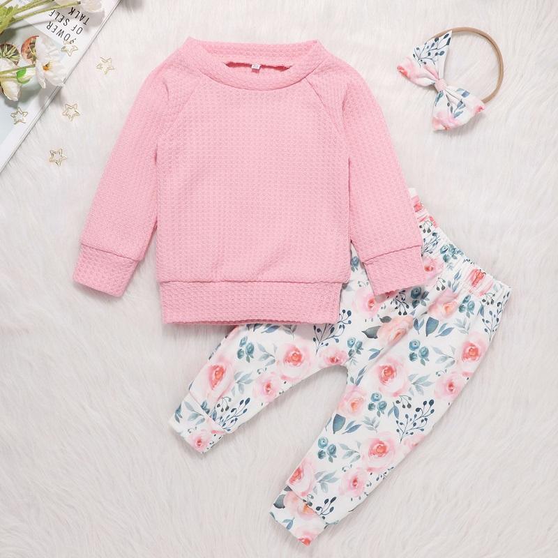 best children's wholesale clothing Toddler Girl Solid Color Sweater & Floral Print Pants & Headband - PrettyKid