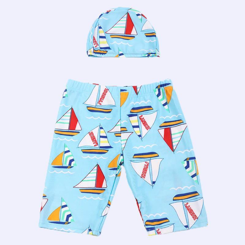 Kid Boy Cartoon Sailboat Patten Swimming Trunks & Swimming Cap 2 Pic - PrettyKid