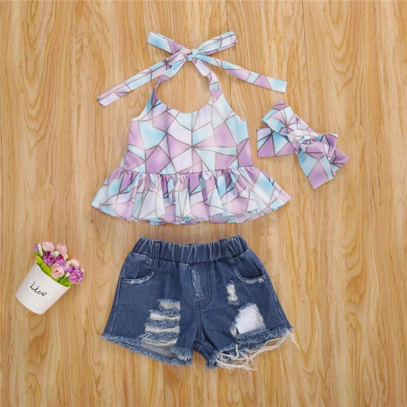 Grow Boy Geometric Pattern Top & Denim Shorts & Headband - PrettyKid