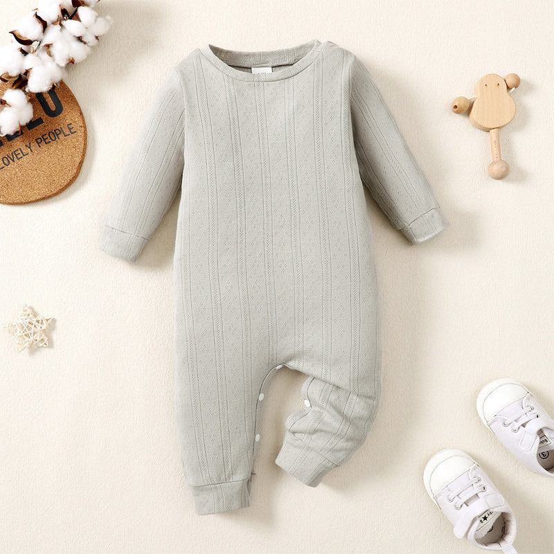 Wholesale Baby Solid Color Round neck Long-sleeved Long-leg Romper in Bulk - PrettyKid