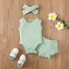 Baby Girl Solid Ribbed Bodysuit And Briefs And Headband Baby Outfit Sets - PrettyKid