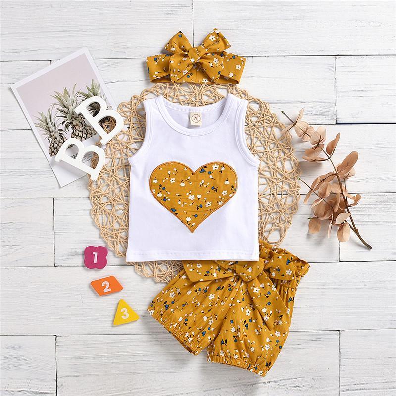 3-piece Heart-shaped Pattern Vest & Floral Printed Pants & Headband for Baby Girl - PrettyKid