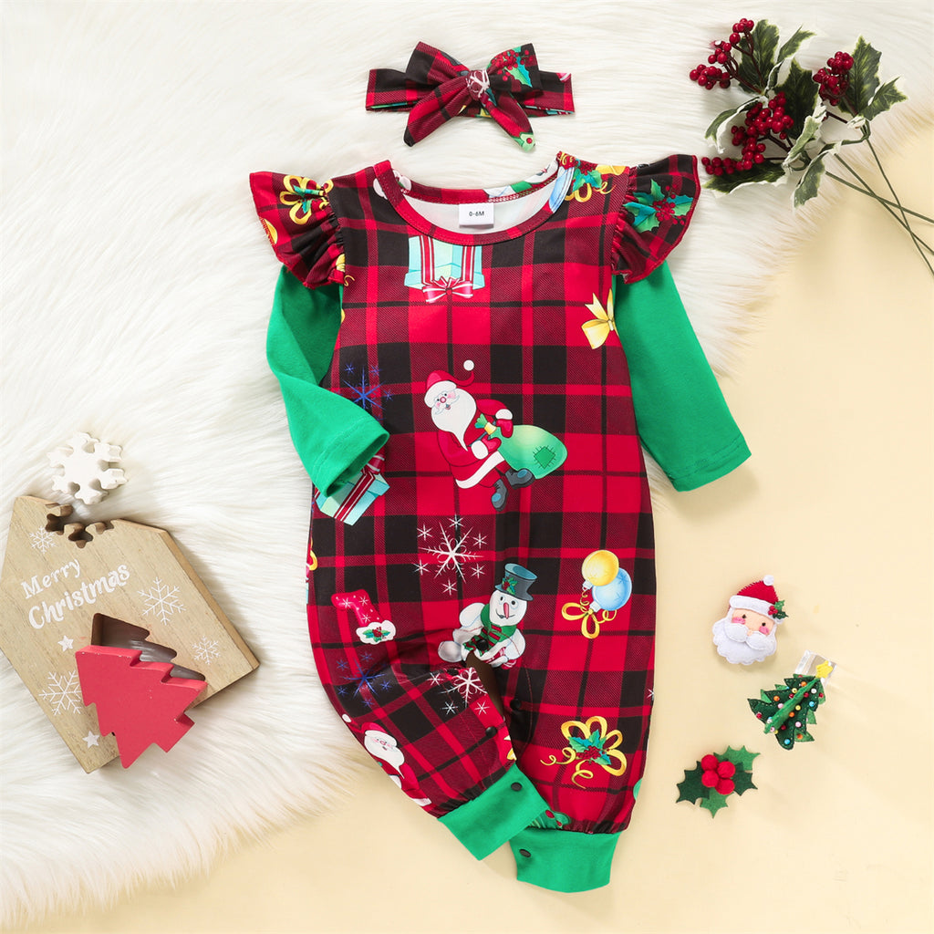 Baby Girls Christmas Dress Long Sleeve Printed Onesie Headband Set - PrettyKid