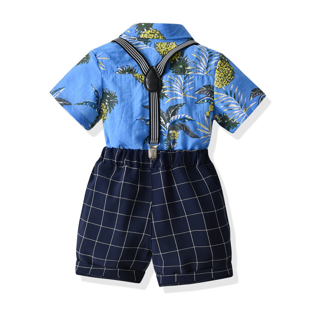 Coconut Tree Pineapple Print Shirt Plaid Suspender Shorts Wholesale Toddler Boy Outfit Sets - PrettyKid