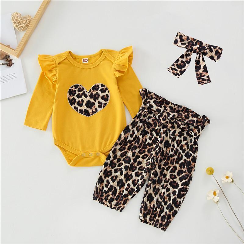 3-piece Heart-shaped Leopard Bodysuit & Pants & Headband for Baby Girl Wholesale children's clothing - PrettyKid