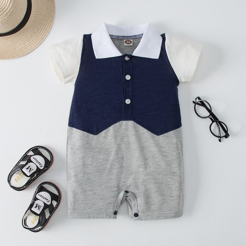 0-12M Baby Boy Jumpsuit Gentleman Single Breasted Colorblock Short Sleeve Wholesale Baby Clothes - PrettyKid