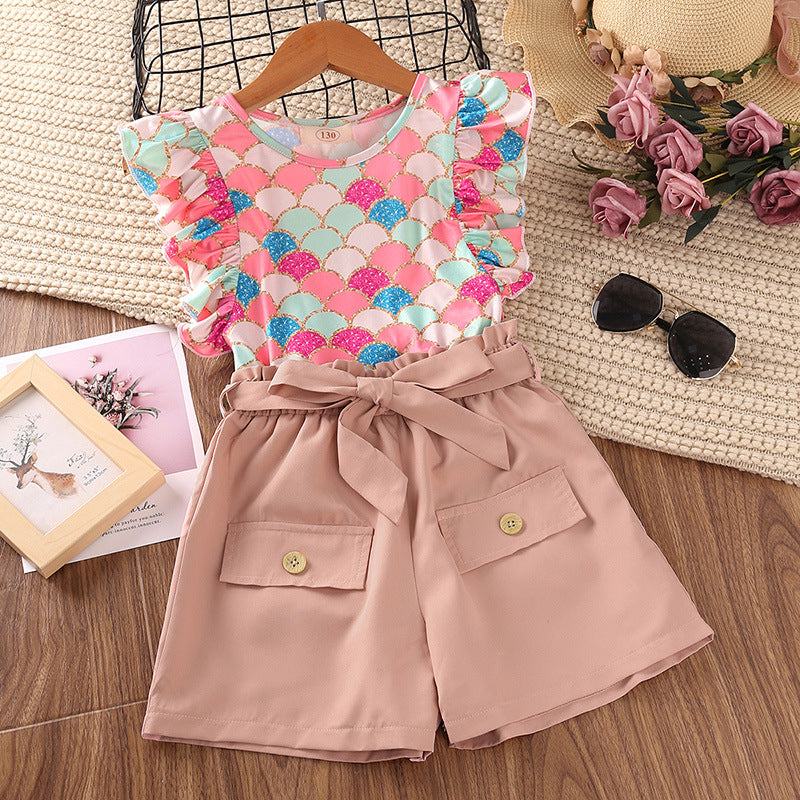 Big Kid Girl Clothes Sets Scale Pattern Top And Shorts Wholesale Kids Clothing - PrettyKid