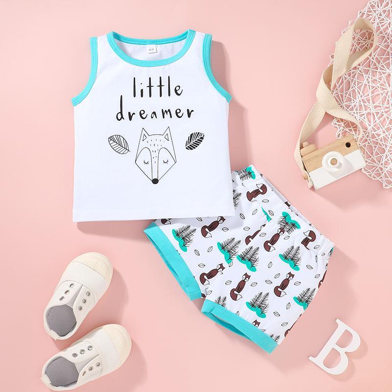 Baby Boy Cartoon Fox Pattern Letter Print Vest & Shorts - PrettyKid