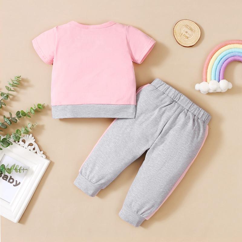 Baby Girl Color-blocking Letter Top & Color-blocking Pants - PrettyKid