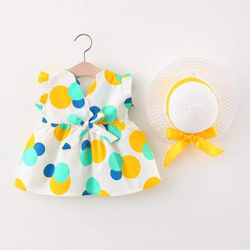 New Born Girl Color Big Dots Print Dress & Hat - PrettyKid