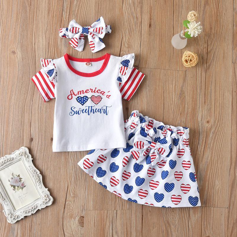 Toddler Girl Independence Day Letter Print T-shirt & Heart-shaped Pattern Skirt & Headband - PrettyKid