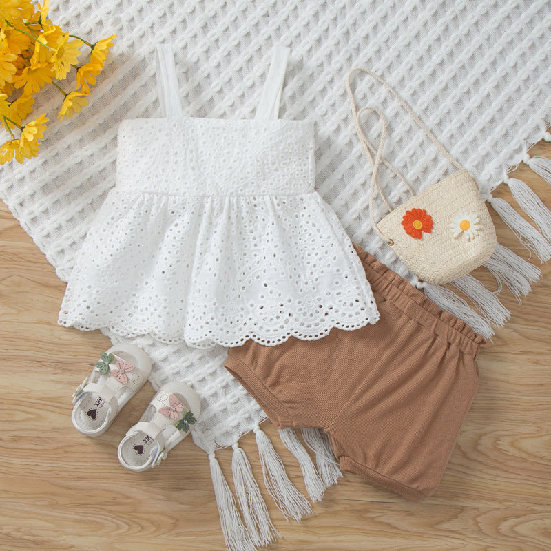 6-24months Baby Sets White Lace Camisole & Shorts Suit Wholesale Baby Clothes - PrettyKid