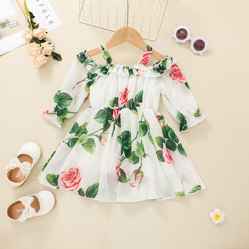 vintage childrens clothes wholesale Toddler Girl Floral Print Long Sleeve Dress - PrettyKid