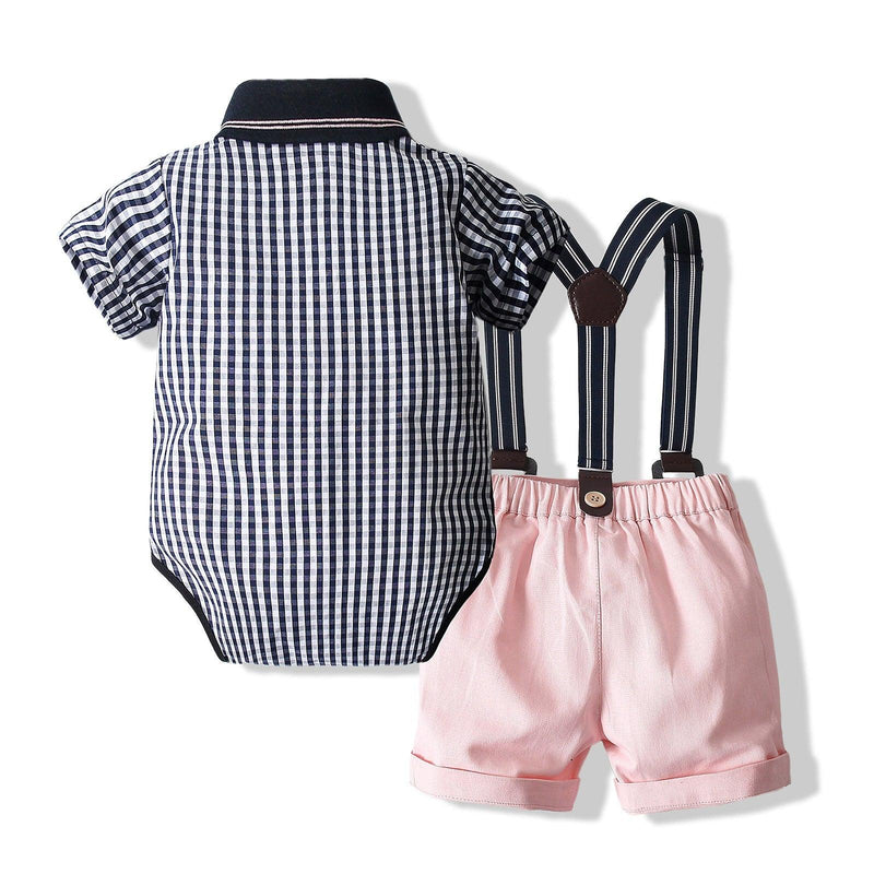 Baby Boy Suit Set Plaid Bowtie Shirts & Suspender Shorts Wholesale Baby Clothes - PrettyKid