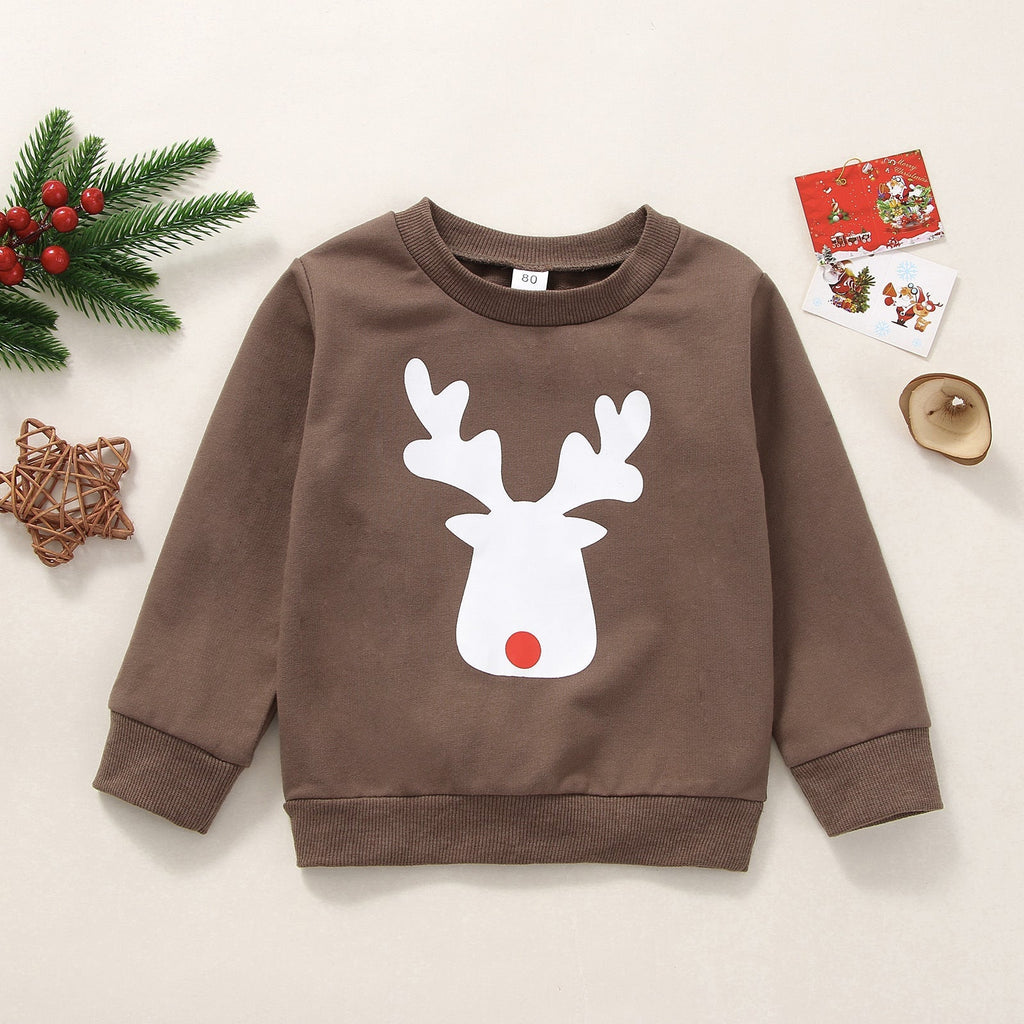 9M-4Y Coffee Elk Deer Face Print Long Sleeve Tops Pullover Baby Wholesale Clothing - PrettyKid