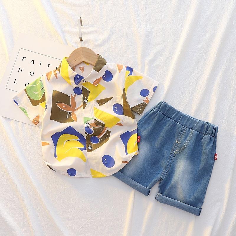 Toddler Boy Leaf Print Shirt & Denim Shorts - PrettyKid