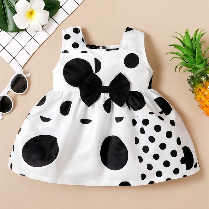 Baby Girl Bow Decor Polka Dot Sleeveless Dress Children's Clothing - PrettyKid