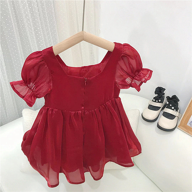 18months-6years Toddler Girl Dresses Girls' Bow Dress Children's Puff Sleeves Red Princess Baby Summer - PrettyKid