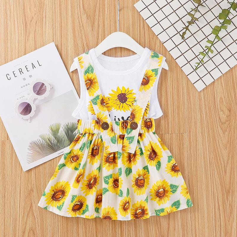 Toddler Girl Sunflower Pattern Sleeveless Top & Suspender Skirt - PrettyKid