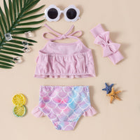 9M-4Y Little Girls Swimsuits Sets Ruffled Halter-Neck Top & Fish Scales Briefs Fashion Girl Wholesale - PrettyKid