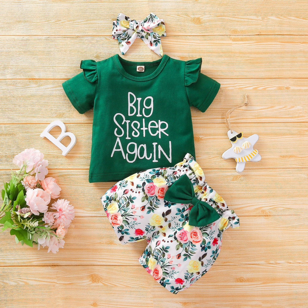 9M-3Y Baby Girl Clothing Sets Short Sleeve Letter Print Bow Headband Wholesale Baby Clothes - PrettyKid
