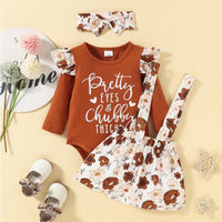 Baby Girls' Long Sleeved Printed Jumpsuit Dress Suspender Skirt Hair Band Set - PrettyKid