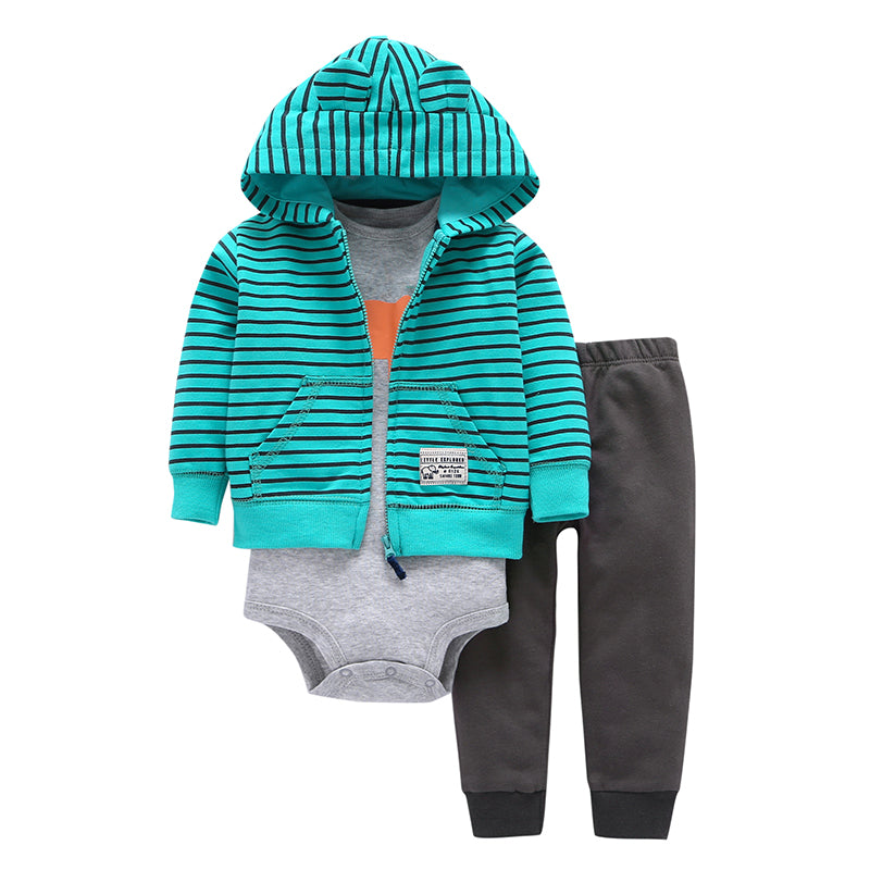 Autumn/Winter Baby Long Sleeve Hooded Green Stripe Coat Sweater Pants Three Piece Set Wholesale Baby Clothes Online - PrettyKid
