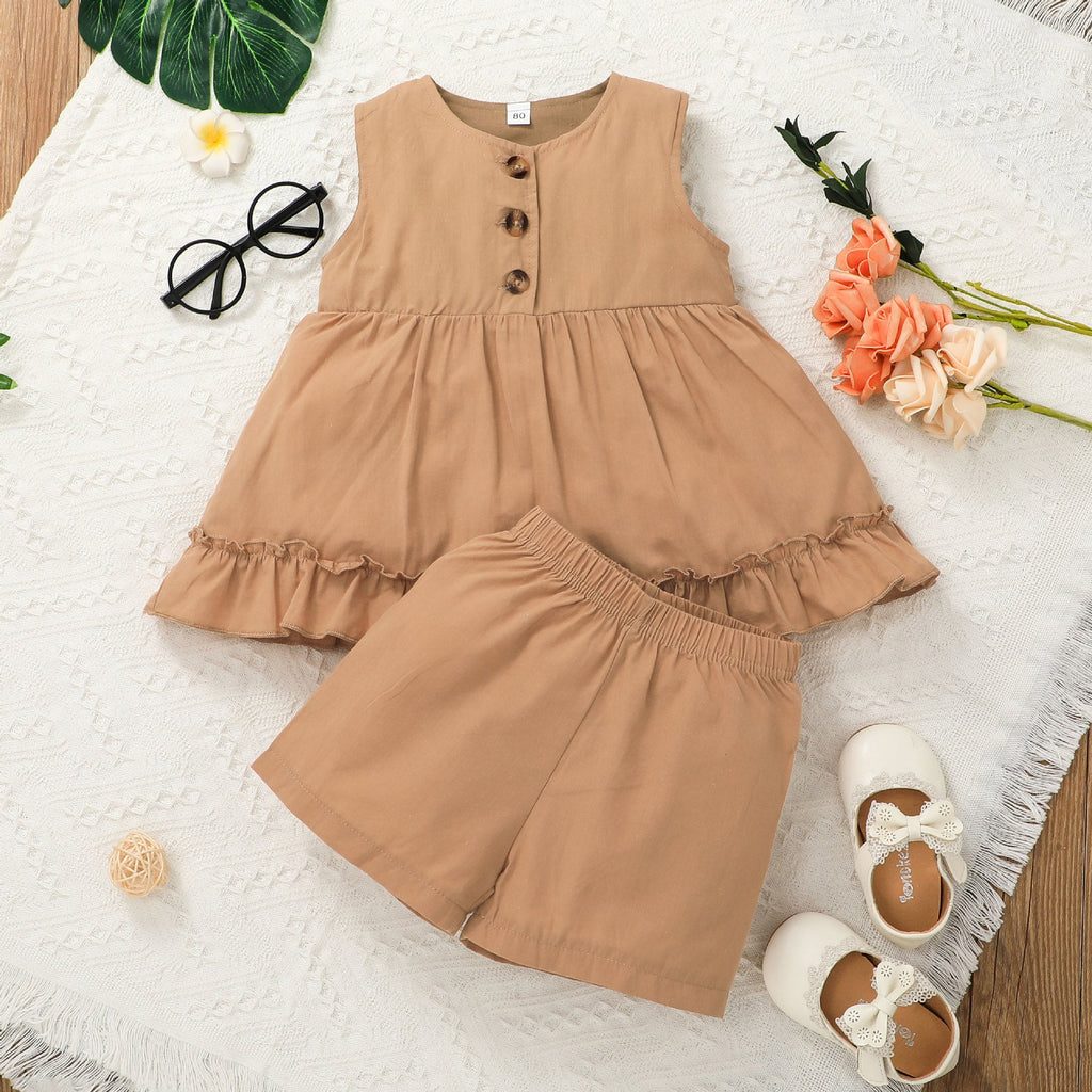 Casual Solid Color Khaki Ruffled Trim Sleeveless Top And Shorts Wholesale Toddler Girl Sets - PrettyKid