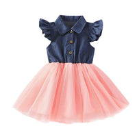 Girls Lapel Flying Sleeve Splicing Tulle Dress Toddler clothes Wholesale in bulk - PrettyKid