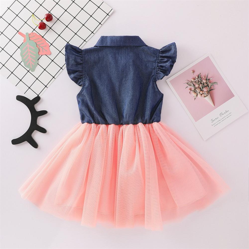 Girls Lapel Flying Sleeve Splicing Tulle Dress Toddler clothes Wholesale in bulk - PrettyKid