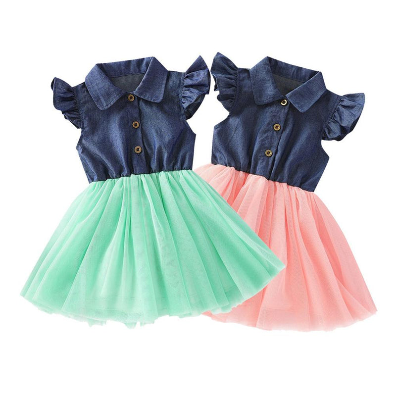 Girls Lapel Flying Sleeve Splicing Tulle Dress Toddler clothes Wholesale in bulk - PrettyKid