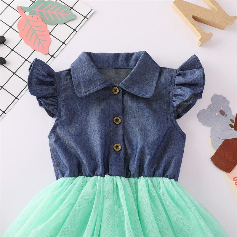 Girls Lapel Flying Sleeve Splicing Tulle Dress Toddler clothes Wholesale in bulk - PrettyKid