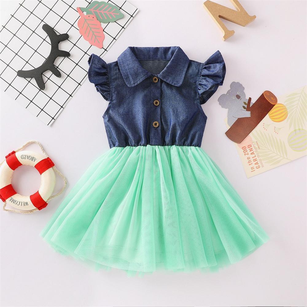 Girls Lapel Flying Sleeve Splicing Tulle Dress Toddler clothes Wholesale in bulk - PrettyKid