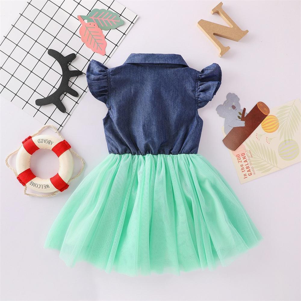 Girls Lapel Flying Sleeve Splicing Tulle Dress Toddler clothes Wholesale in bulk - PrettyKid