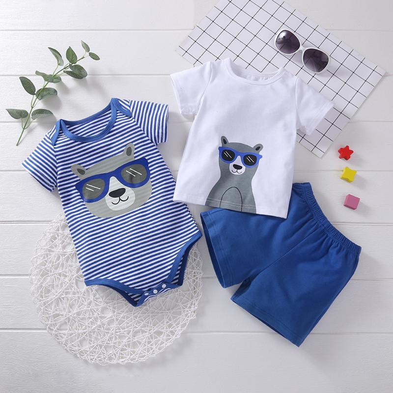 Baby Boy Striped Romper & Bear Pattern T-shirt & Shorts - PrettyKid