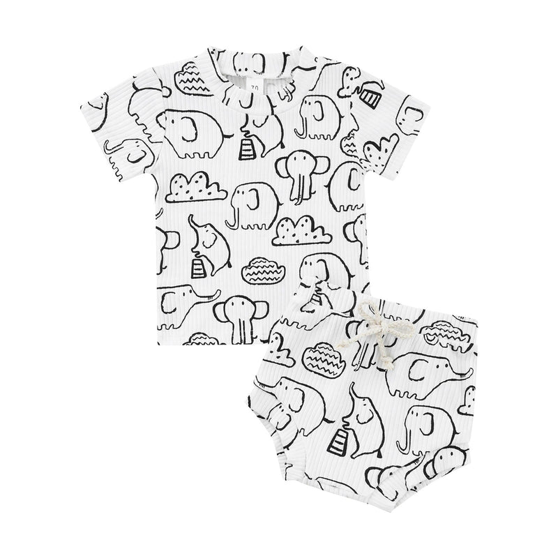 0-18M Baby Boys Sets Ribbed Animal Elephant Print Tops & Shorts Wholesale Baby Clothes In Bulk - PrettyKid