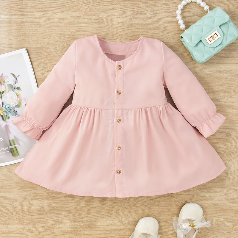 3-24M Baby Girl Casual Dresses Long Sleeve Unpatterned Button Down Crew Neck Wholesale Baby Clothes KCL0171673 - PrettyKid