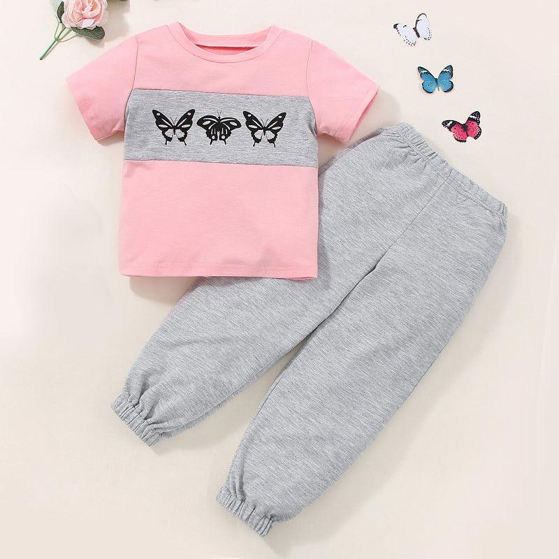 18M-6Y Toddler Girls Sets Hit Color Butterfly Print T-Shirt & Trousers Wholesale Girls Fashion Clothes