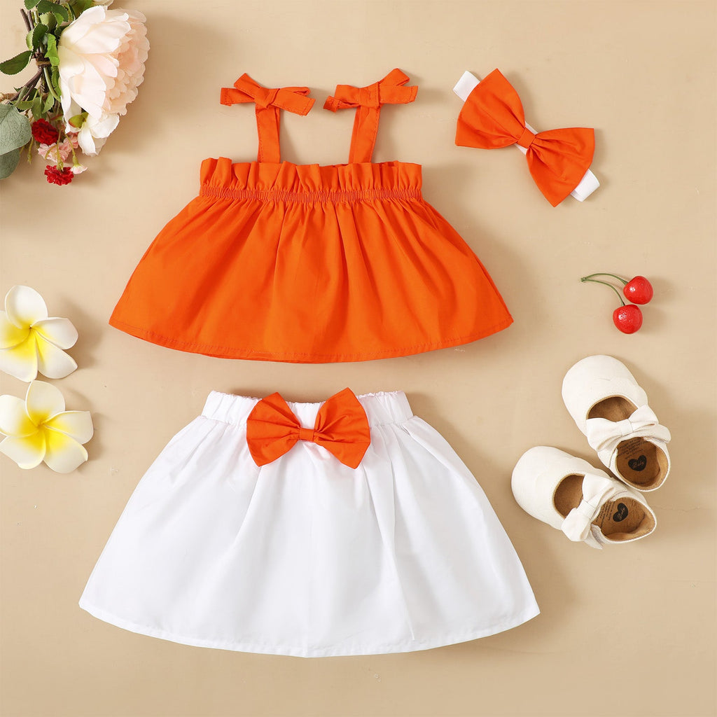 9M-4Y No Pattern Sling Tie Bow Panel Short Skirt Set Headband Wholesale Baby Clothes - PrettyKid