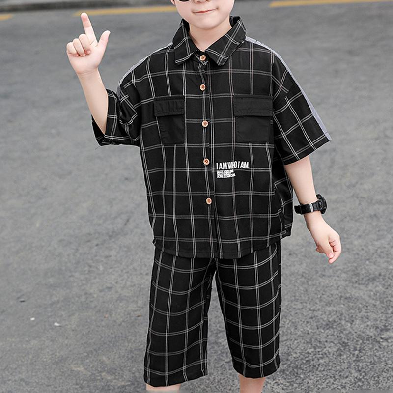 Boy Checked Mid-sleeve Shirt & Checked Five-quarter Pants Children's Clothing - PrettyKid