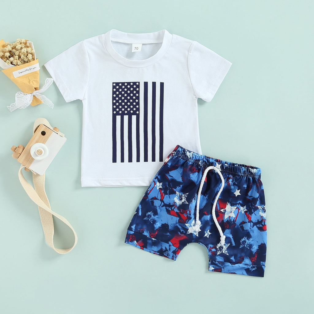 6M-3Y Independence Day Flag Print Short Sleeve T-Shirt Stars Print Drawstring Shorts Baby Boy Sets Wholesale Baby Clothes - PrettyKid