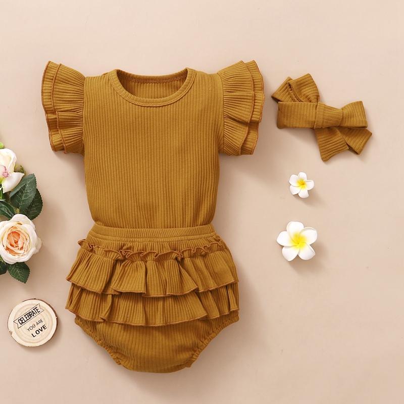 New Born Girl Ribbed Bodysuit & Ruffle Shorts & Bowknot Headband - PrettyKid